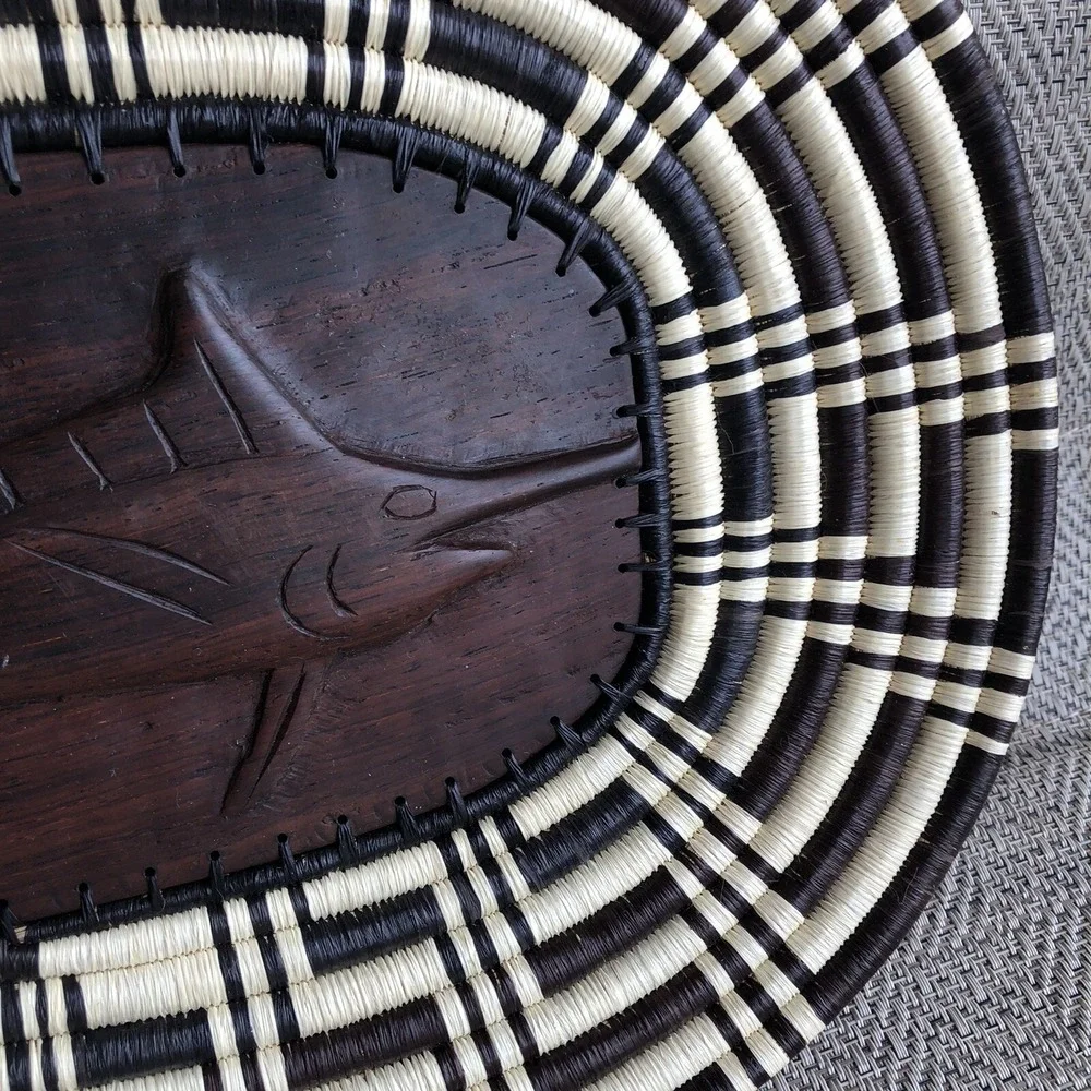 Handmade Woven Coil Tribal Oval‎ Wood Embossed Swordfish Tray Wall Basket